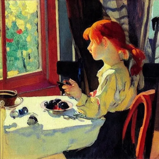 Prompt: a girl with iphones on a table sits at a table in a sunny room, the window is open, girl with peaches and iphones, by valentin serov