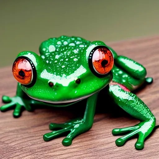 Prompt: Cute green frog with red eyes in magical rain-forest carved from crystal ,hyper-realistic