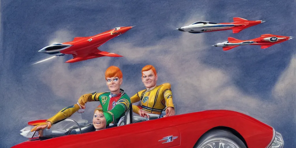 Image similar to thunderbirds scott and tracy with thunderbird 3 flying around them, pencil sketch, high detail, hyper realistic,