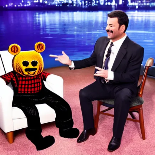 Prompt: Jimmy Kimmel interviewing Freddy Fazbear, tv show, television,