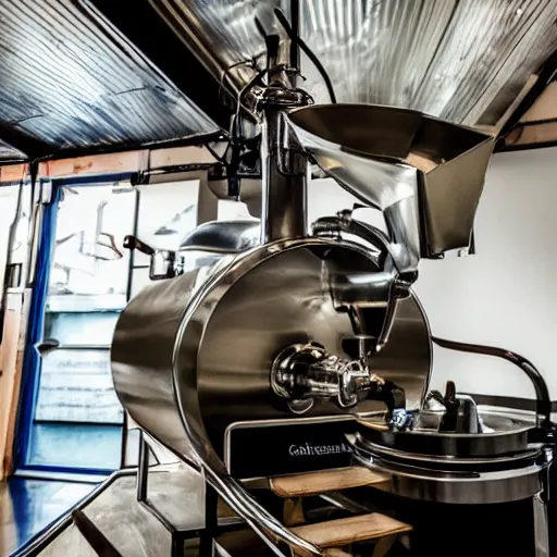 Prompt: coffee roaster machine flying through space