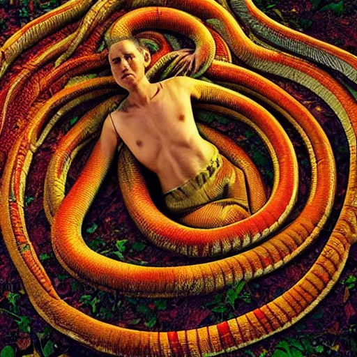 Image similar to human snake hybrid, bold natural colors, national geographic photography, masterpiece, full shot