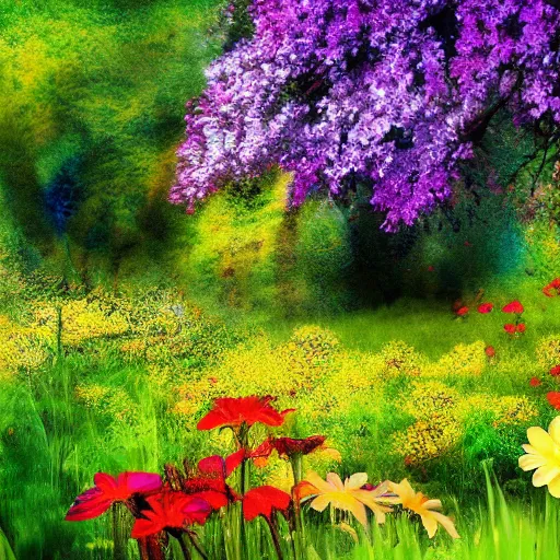 Image similar to nature background, many flowers with stunning colors, high quality art,