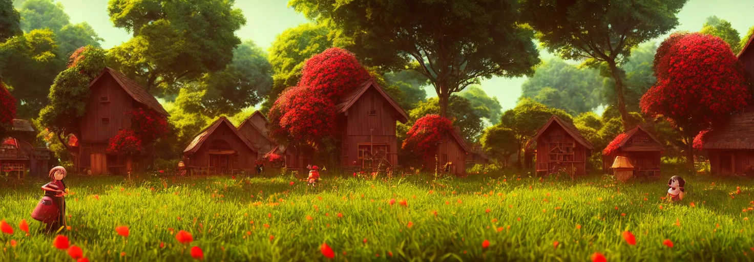 Image similar to stunning glowing dominant large highlighted crimson - black beehive, oversized cute bees in a beautiful forest meadow village landscape, flowers, happy trees, photorealistic, octane render, rtx, hdr, unreal engine, digital art widescreen 8 k, studio ghibli, pixar, disney, wlop