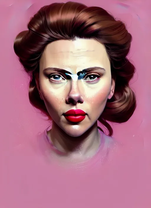 Prompt: highly detailed portrait of scarlett johanson with scarlet lips making a pogchamp face, poggers, photographic realistic background, ringlet hair by atey ghailan, by greg rutkowski, by greg tocchini, by james gilleard, by joe fenton, by kaethe butcher, gradient pink, black, cream and white color scheme, trending in instagram, award winning details