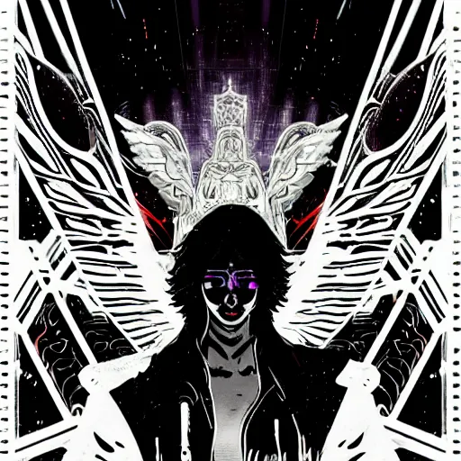 Image similar to white arc - angel with mystic robotic wings, blade runner, akira, ghost in the shell, style of laurie greasley and satoshi kon + symmetric lights and smoke, psychedelic effects, glowing particles, neon rain, glowing runes, de - noise, symmetrical composition, high detailed + tarot card, ornate border, 8 k