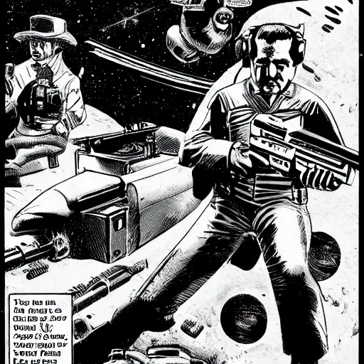 Image similar to space opera gunfight, in the style of wally wood, photorealistic