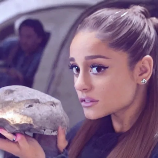 Prompt: ariana grande holding an ancient dinosaur skull in the movie interstellar