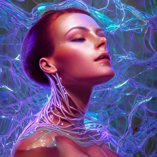 Image similar to a highly detailed digital image of an elegantly posed futuristic woman beautifully intertwined in chromatic liquid like leaves, full body shot, by Andrew Chiampo, artstation, and Frederik Heyman, extremely detailed woman, stunning volumetric lighting, hyper realism, fantasy 4k