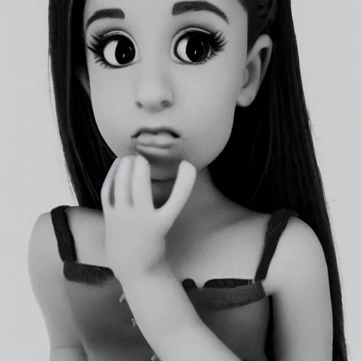 Prompt: very very very tiny ariana grande small ariana grande 1 inch tall. she is situated comfortably in the palm of my hand. I am carrying around the smallest ariana grande in the world!!!! award-winning bw photography