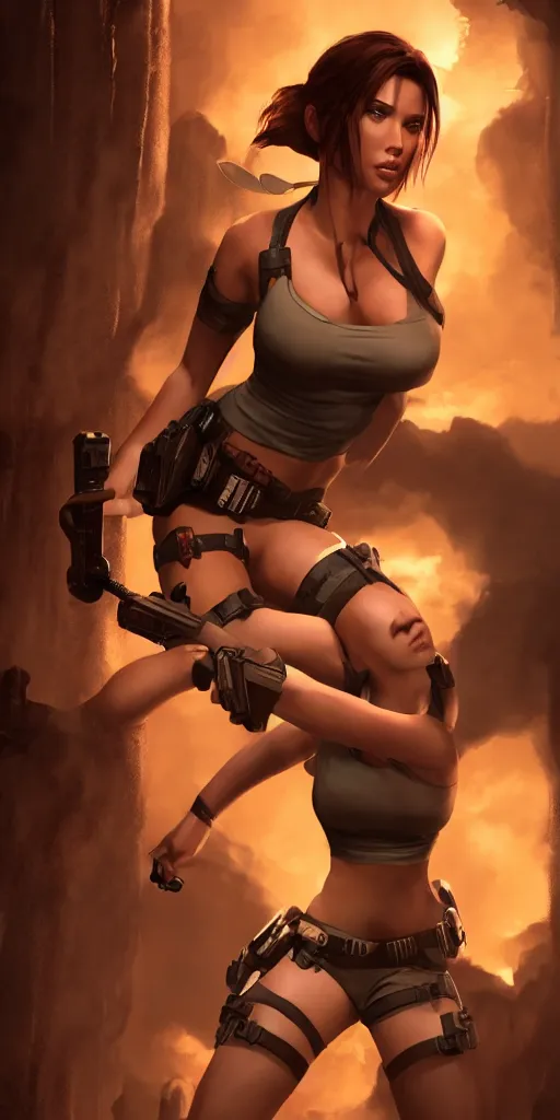 Image similar to Scarlet Johansson as Lara Croft, ambient lighting, 4k, anime key visual, Ross Tran