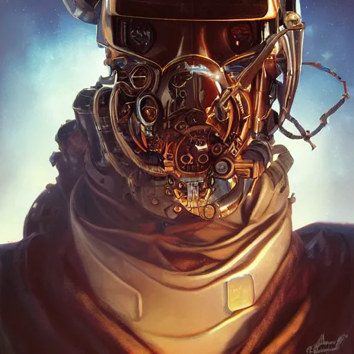 Image similar to a mysterious portrait of a cyborg bodyguard, handsome, premium cybernetics, D&D, fantasy, intricate, smooth, golden hour, artwork by Peter mohrbacher and Wayne barlowe