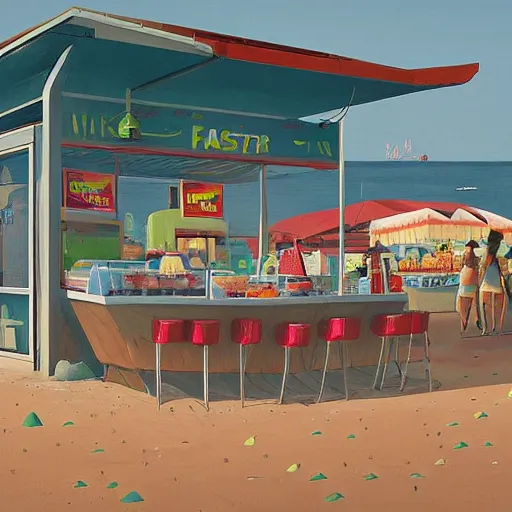 Image similar to fast food counter by the beach by simon stalenhag