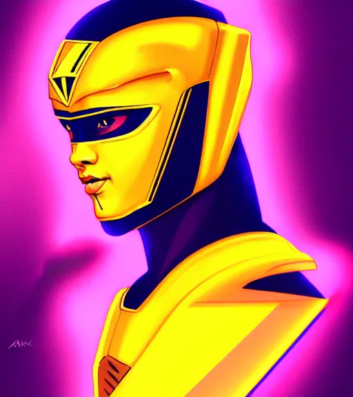 Image similar to symmetry!! yellow ranger, thunderbolt shaped viser!! solid cube of light, hard edges, product render retro - futuristic poster scifi, lasers and neon circuits, brown skin man egyptian prince, intricate, elegant, highly detailed, digital painting, artstation, concept art, smooth, sharp focus, illustration, dreamlike, art by artgerm