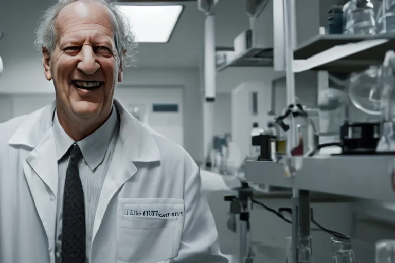 Image similar to an ultra realistic cinematic portrait of an evil male scientist smiling, stood in a lab, detailed, deep focus, movie still, dramatic lighting, by werner herzog