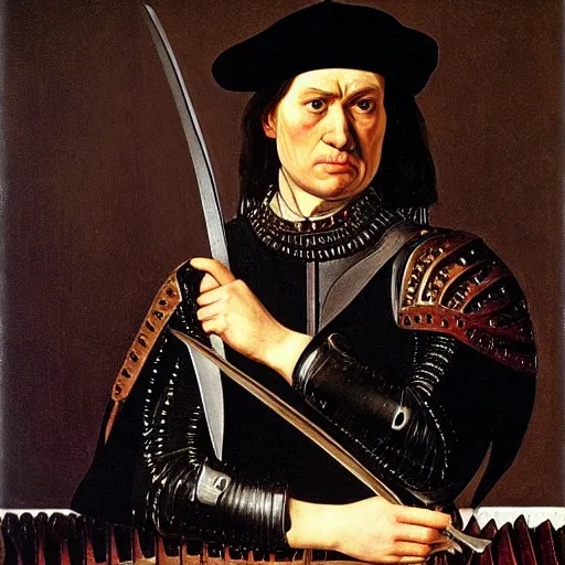 Prompt: Richard III holding a serrated dagger and looking furious. Painted by Caravaggio, high detail