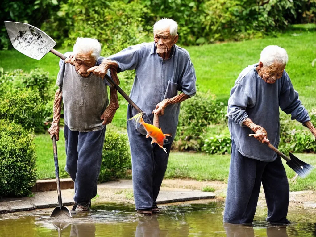 Image similar to old man appears carrying a shovel. he's also carrying a fish. then i remember, the fish in the pond died yesterday, and he's going to bury it. old woman had seen the neighbour burying their pet cat and thought that it was the thing to do.