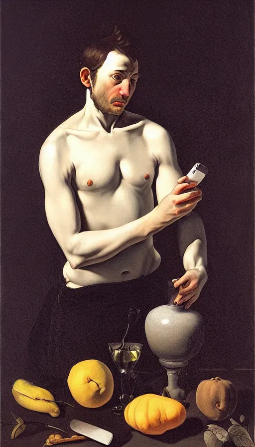 Prompt: hyperrealistic still life painting of a man illuminated by blue light from his phone, by Caravaggio, dark room, botanical print