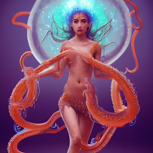 Prompt: Full body photo of the most beautiful goddess, she has a jellyfish-phoenix head's and a siren body, some tentacles are aproaching by Tooth Wu, trending on Artstation, digital art, symmetrical artwork, cinematic, hyper realism, high detail, octane render, 4k, 8k