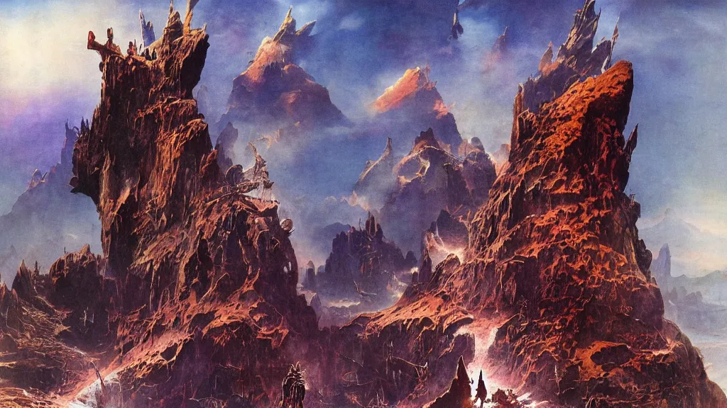 Image similar to journey to the center of the earth by frank frazetta and bruce pennington, cinematic matte painting