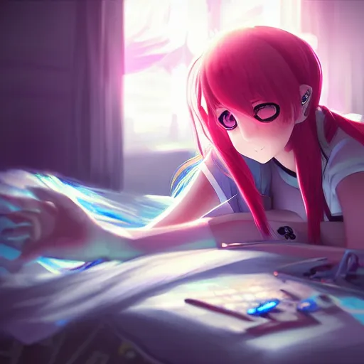 Image similar to digital!! anime art!!, gamer girl in a messy bedroom sleeping on her desk, wlop, rossdraws, artgerm, ross tran