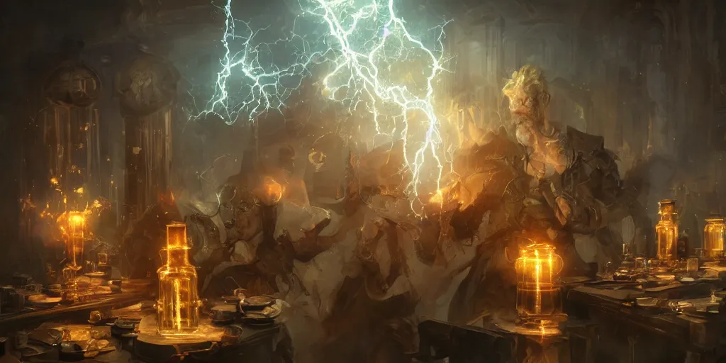 Image similar to forbidden alchemy in the baroque era, mad scientist, chains, jars, lightning, hearthstone art style, epic fantasy style art by Craig Mullins, fantasy epic digital art, epic fantasy card game art by Greg Rutkowski