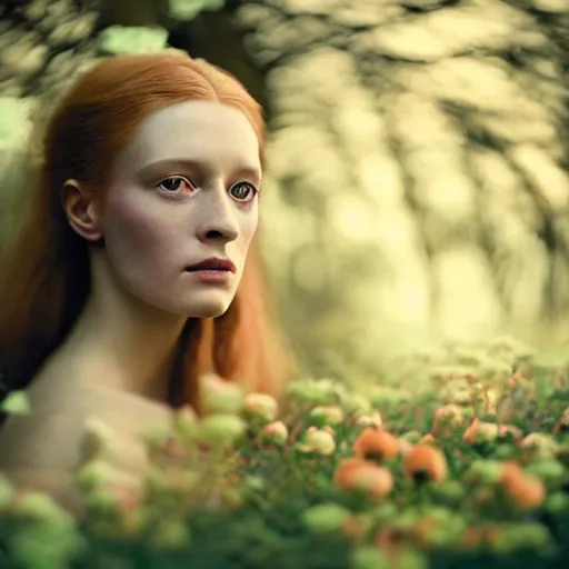 Prompt: photographic portrait of a stunningly beautiful english renaissance female in a forest of luminescent flowers in soft dreamy light at sunset, soft focus, contemporary fashion shoot, hasselblad nikon, in a denis villeneuve movie, by edward robert hughes, annie leibovitz and steve mccurry, david lazar, jimmy nelsson, hyperrealistic, perfect face