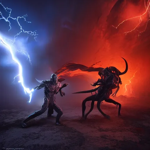 Image similar to a lightning demon fighting a shadow demon at the gates of hell, 8 k, shallow depth of field, moody lighting, ultra high detail, concept art,