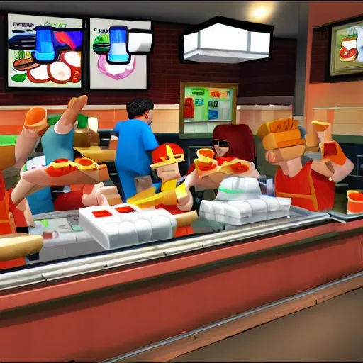 Prompt: a regular day at roblox's work at a pizza place