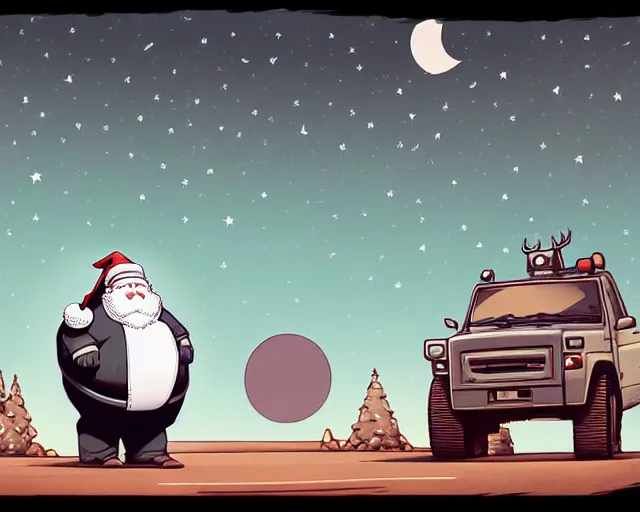 Prompt: a cell shaded cartoon grey obese santa + deer robot, with a big head, on a desert road, wide shot, in front of a big moon, muted colors, post grunge, josan gonzales, wlop, by james jean, victor ngai, hq, deviantart, art by artgem