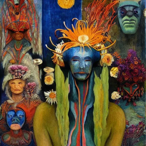 Prompt: masterpiece portrait of a robot flower shaman, by annie swynnerton and jean delville and edward hopper and diego rivera and evelyn de morgan and rufino tamayo, facemask made of flowers, art brut, outsider art, symbolist, dramatic lighting, god rays, elaborate geometric ornament, clean crisp graphics, smooth sharp focus, extremely detailed, adolf wolfli