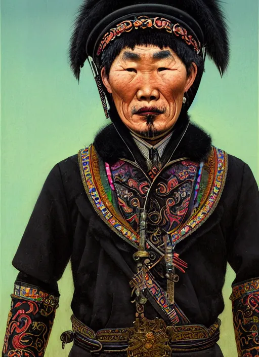 Image similar to portrait of a mongolian man with a crooked nose and a confident expression, 1 9 6 0 s, black clothes, goth, punk, brightly coloured hair, funk, intricate, elegant, highly detailed, digital painting, artstation, concept art, smooth, sharp focus, illustration, art by wlop, mars ravelo and greg rutkowski