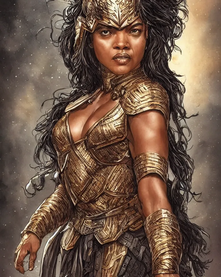 Image similar to tessa thompson as an amazon warrior, tall and beautiful with brown skin and long hair, but better, dressed in hellenistic body armor, intricate, elegant, highly detailed, smooth, sharp focus, detailed face, art by ardian syaf