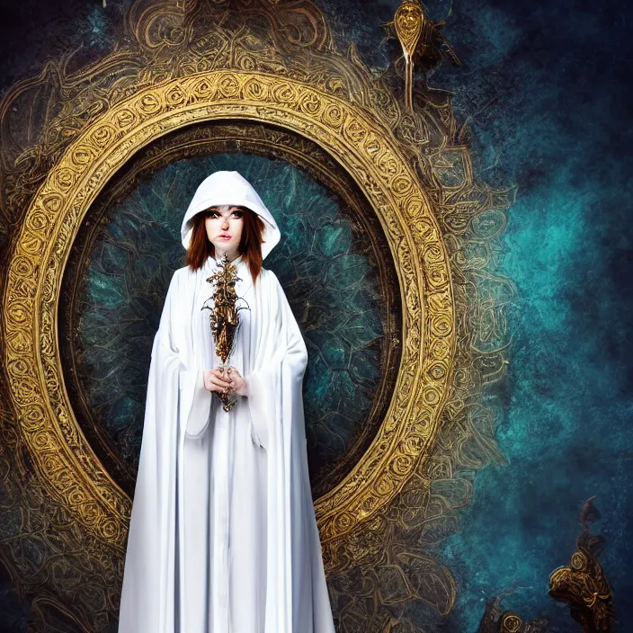 Image similar to full length photo of a very beautiful!! elemental air witch with ornate white robes, highly detailed, 4 k, hdr, smooth, sharp focus, high resolution, award - winning photo