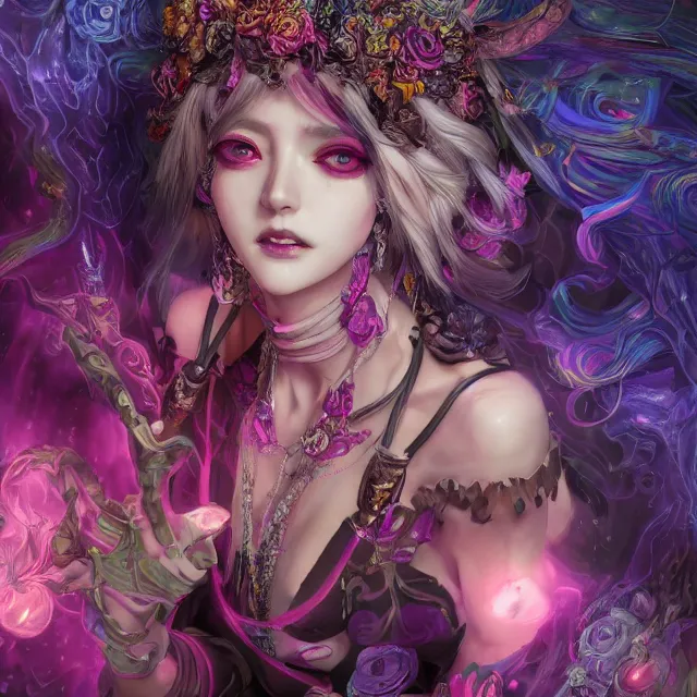 Prompt: the portrait of chaotic evil fallen sensual colorful female necromancer overlord as absurdly beautiful, gorgeous, elegant, young idol, an ultrafine hyperdetailed illustration by kim jung gi, sakimichan, detailed faces, intricate linework, octopath traveler, final fantasy, unreal engine 5 highly rendered, global illumination, radiant light, highly detailed and intricate environment