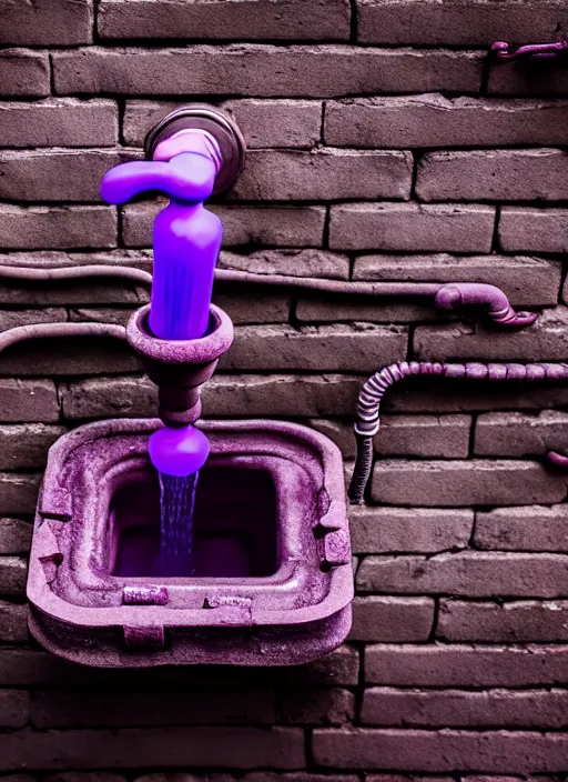 Image similar to intricate faucet with purple slime coming out of it, attached to a brick wall, the slime is oozing on the ground next to the faucet. Very detailed 8k. Fantasy cyberpunk. Sharp. Cinematic post-processing