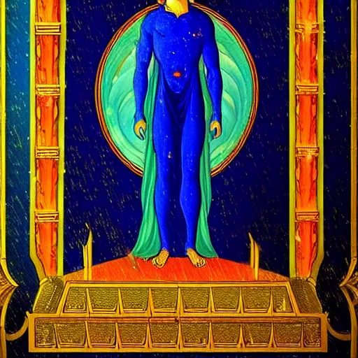 Image similar to what looked like a throne of lapis lazuli, and high above on the throne was a figure like that of a man. waist up, he looks like glowing metal, as if full of fire, and that from there down he looked like fire ; and brilliant light surrounded him. like the appearance of a rainbow in the clouds on a rainy day.