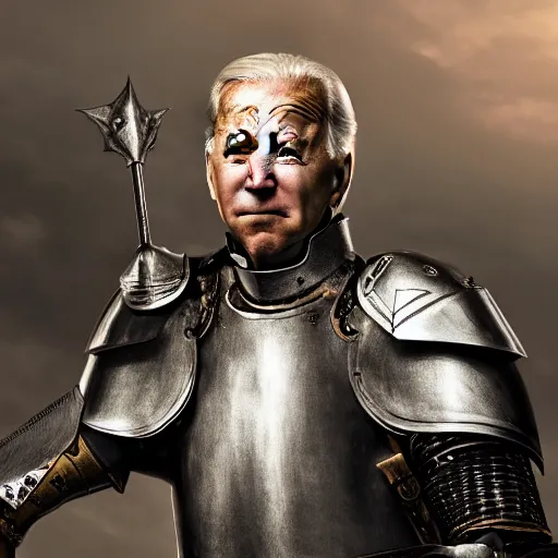 Image similar to joe biden as a noble knight paladin in shining armor, intricate fractal armor, cinematic, studio photography, high detail, ultra high detail, 4 k, hdr, 8 k