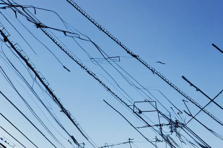 Image similar to shiny metal floating train tracks in blue sky, award winning cinematic still