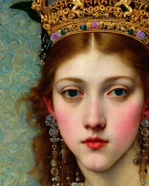 Prompt: a close up of beautiful girl wearing a crown wearing and golden jewellery surrounded by colourful intricate patterns, by edgar maxence and caravaggio and michael whelan, intricate painting, hyper realistic, extremely detailed and beautiful aesthetic face, 8 k resolution