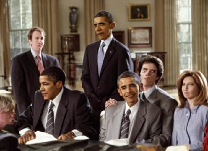 Image similar to a still from the 2001 TV Show The West Wing Starring Barrack Obama