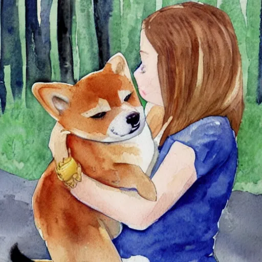 Prompt: a watercolor illustration of a girl with light brown hair, hazel eyes and freckles accompanied by a shiba inu and a cat-n 8