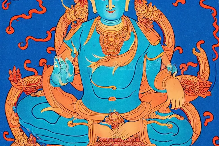 Image similar to buddhist art style illustration of a blue god with 4 hands, flames, water, flowers, dragons, skeletons