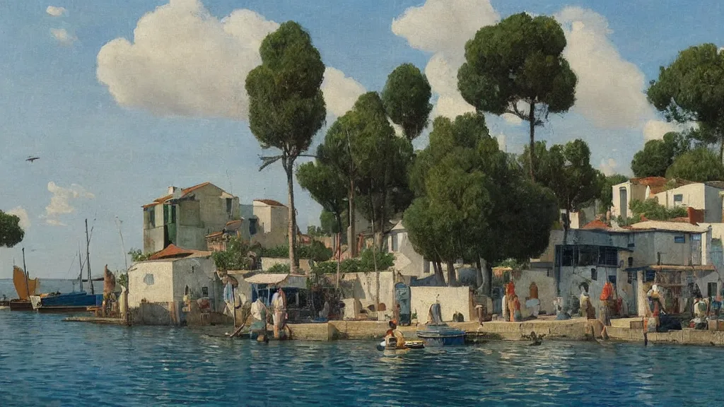 Image similar to a beautiful extremely complex painting of a mediterranean fishing village in summer by peter ilsted, whitewashed housed, tall cypress trees, blue shutters on windows, people walking down a street, fishing boats in the water, beautiful blue water, national gallery of art highlights