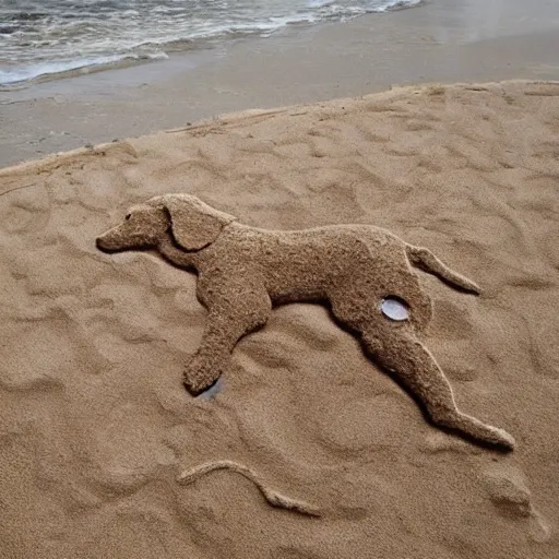 Prompt: a dog made of sand at the beach