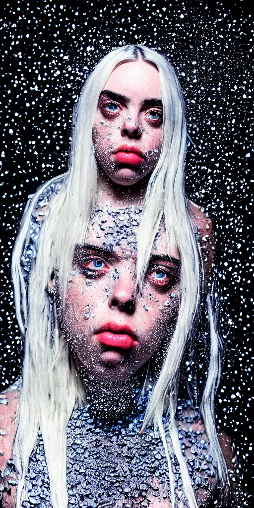 Image similar to professional photo shot of an billie eilish made of silica crystal spikes, melted with rocks in the background, microscopic picture, grimy, gritty, trending on artstation, award winning, close shot, by aleks labuda and barry webb