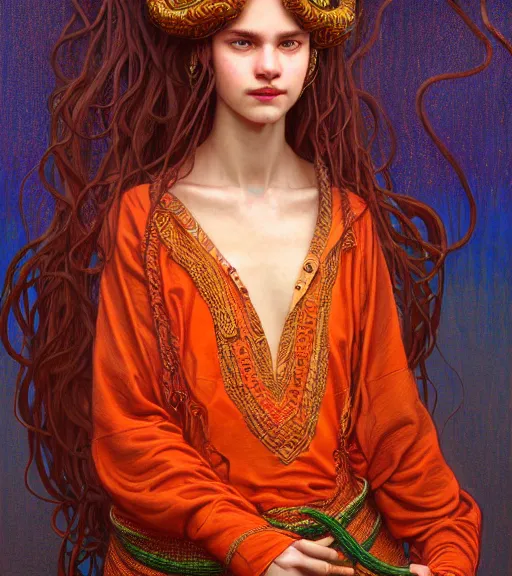 Image similar to portrait of teenage medusa, snake hair, naughty smile, wearing an embroidered orange tunic, intricate, sensual, sultry, elegant, copper and emerald jewelry, glowing lights, seductive, highly detailed, digital painting, artstation, concept art, smooth, sharp focus, illustration, art by wlop, mucha, artgerm, and greg rutkowski