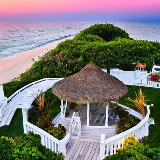 Prompt: modern beach - front house with a large gazebo, yard is full of flowers, sunset