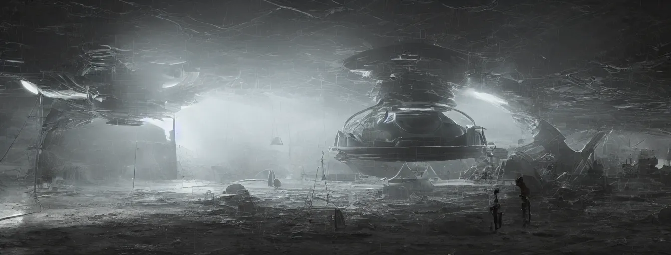 Prompt: engineer repairs special flying saucer full of modern military equipment, in the hall of area 55, high detail, ground fog, wet reflective ground, saturated colors, by Maciej Kuciara, render Unreal Engine-H 704