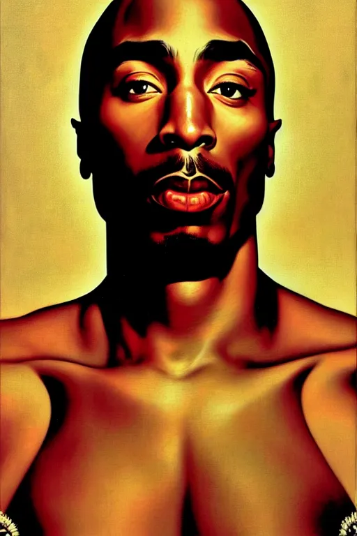 Image similar to tupac shakur portrait by gil elvgren and norman rockwell and rob gonsalves and hajime sorayama, hyperrealistic, high detail, ultra detailed, highly detailed face, ruffled fabric